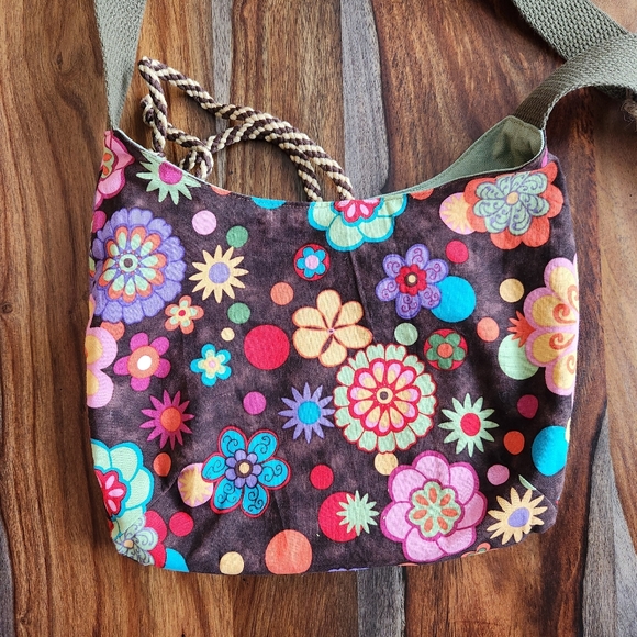 Colorful Handmade Maggie Bag Purse Long Canvas Strap Flowers Floral Pockets NWT - Picture 5 of 7